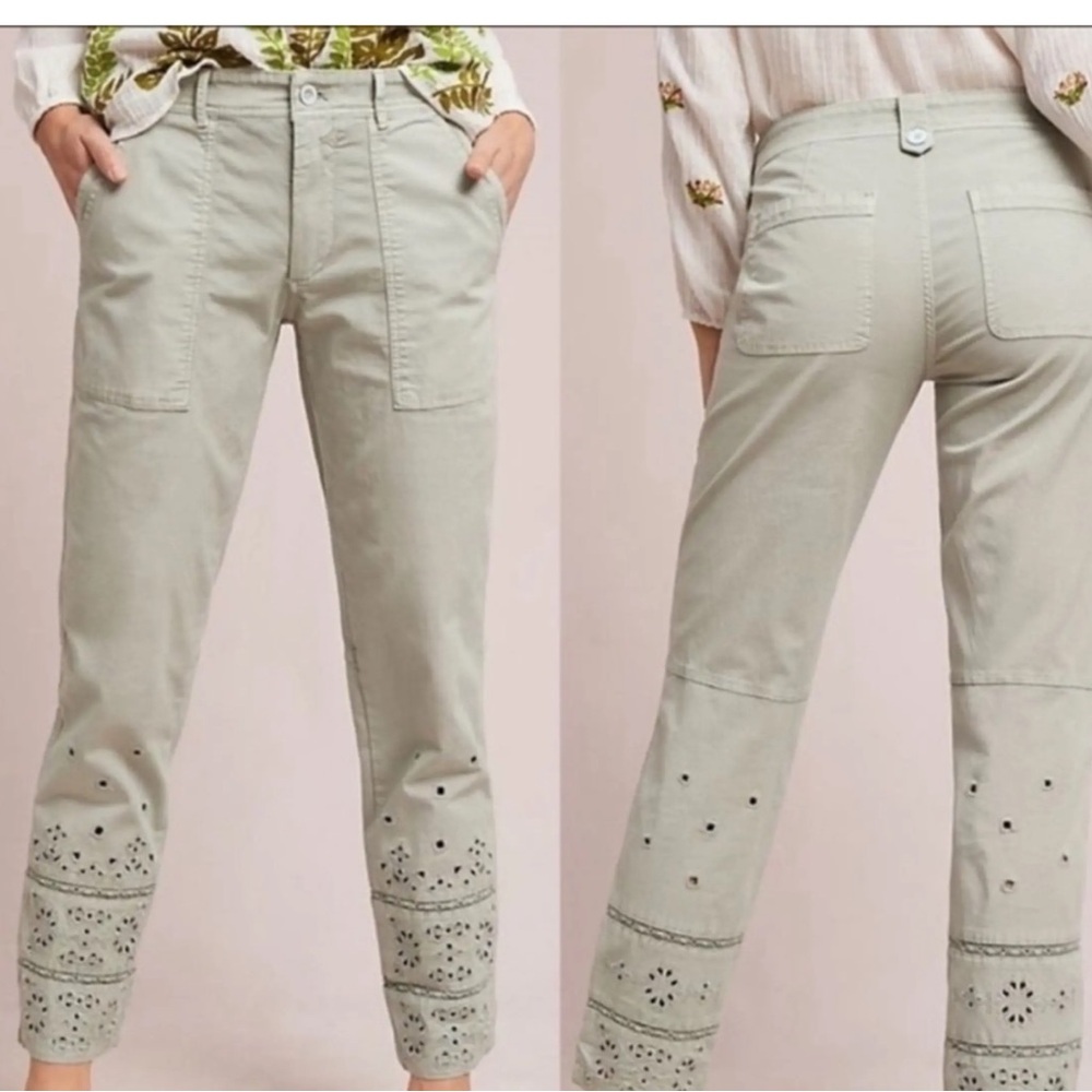 Anthropologie The Wanderer Light Sage Eyelet Utility Ankle Pants Size 28